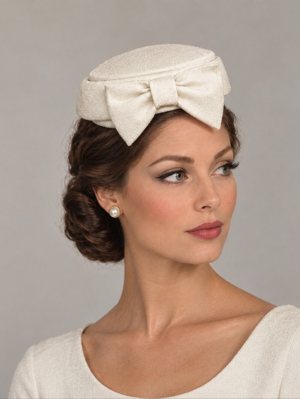 Vintage Ivory Pillbox Hat with Bow Cream Bridal Wedding Church Fascinator